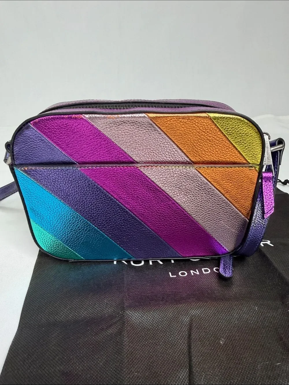 Kurt Geiger Rainbow Diagonal Stripe Leather Crossbody with Purple Strap